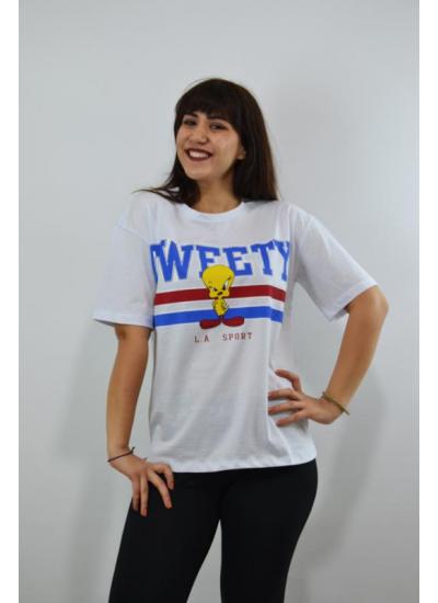 Tweety Baskılı Extra Rahat Kesim Kadın T-Shirt Beyaz