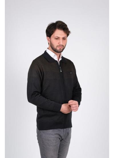 Çizgi Triko Erkek Battal Boy Polo Yaka Astarlı Triko Mont Fermuarlı Desenli 3XL - 4XL - 5XL - LACİVERT / KAHVE